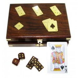 Zestaw gier 3 w 1 - karty, kości i domino w pudełku palisandrowym