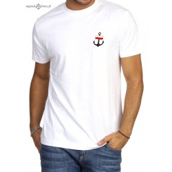 Koszulka męska biała premium plus - haft kotwica i flaga